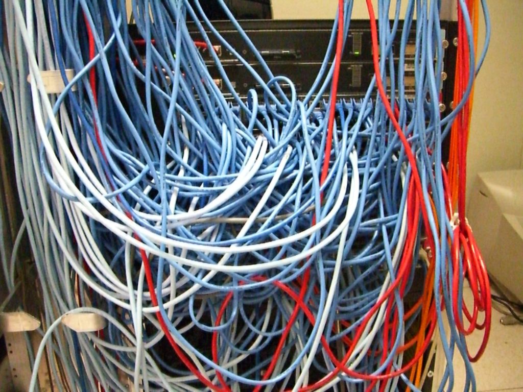 A tangled mess of network cables